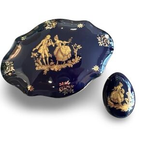 Cobalt Blue and Gold Limoges Decorative Lidded Footed Trinket Dish and Egg Set